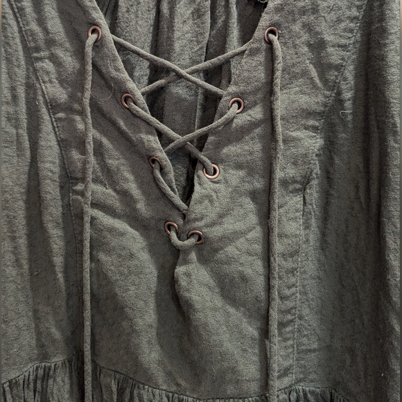 Lush Forest Green Laceup Eyelet Detail Smock Dress - Picture 2 of 6